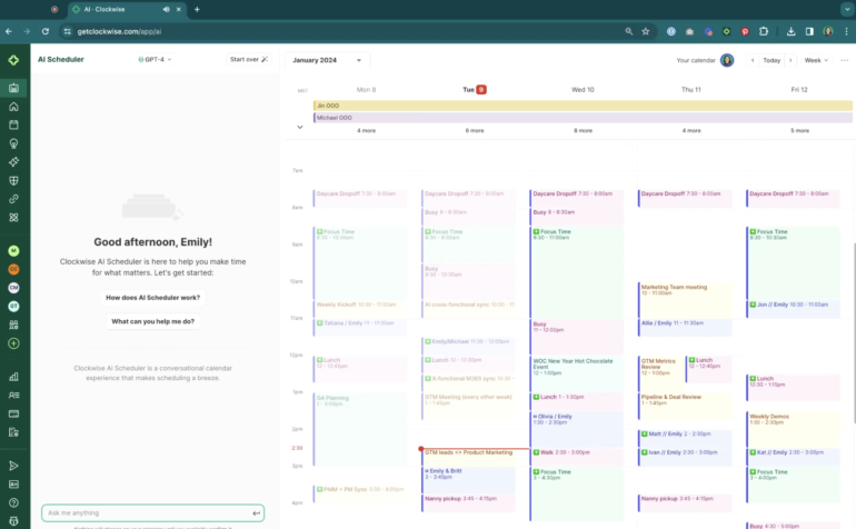 Clockwise AI calendar displaying focus time, meetings, and task suggestions.